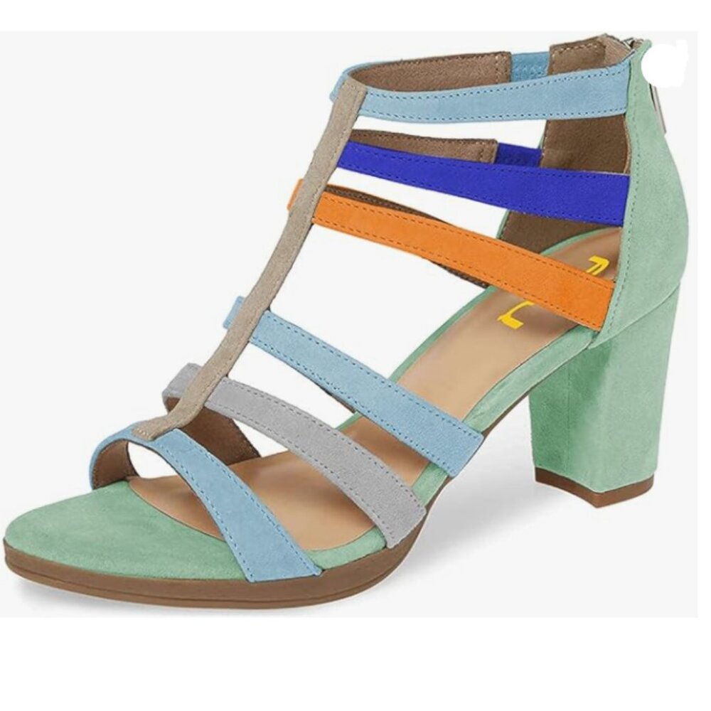 FSJ Multi Green Chunky High Heel Sandals Open Toe T-Strap Cutout Strappy Shoes - Picture 1 of 8